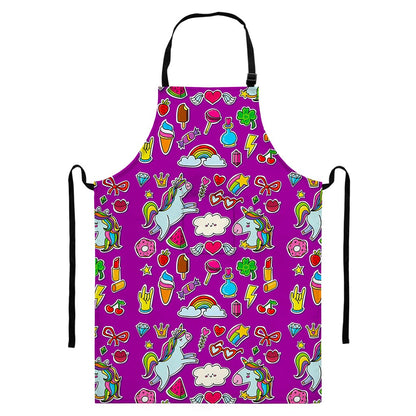 Purple Girly Unicorn Pattern Print Bib Apron With Pocket