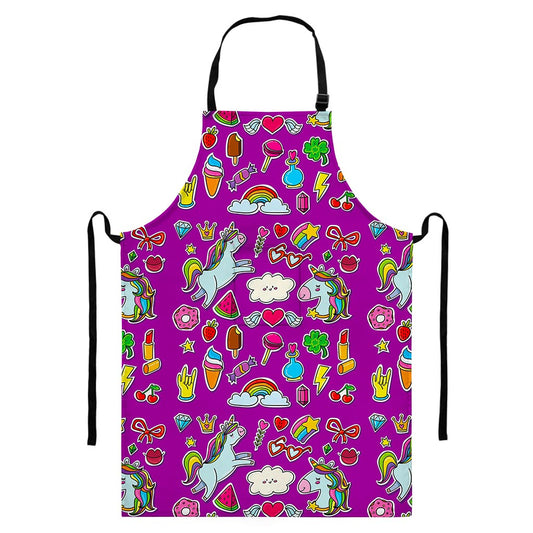 Purple Girly Unicorn Pattern Print Bib Apron With Pocket