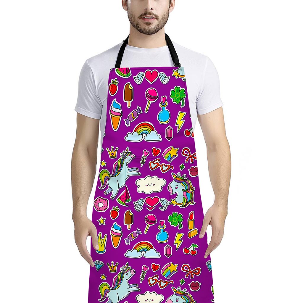 Purple Girly Unicorn Pattern Print Bib Apron With Pocket