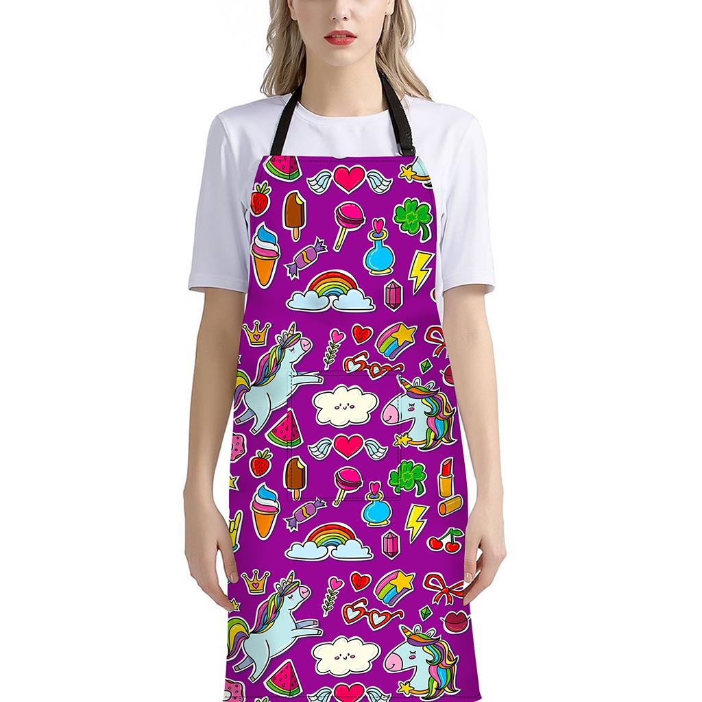 Purple Girly Unicorn Pattern Print Bib Apron With Pocket