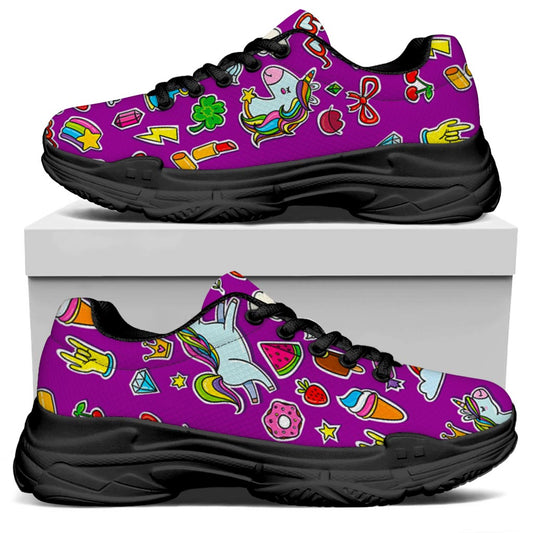 Purple Girly Unicorn Pattern Print Black Chunky Shoes