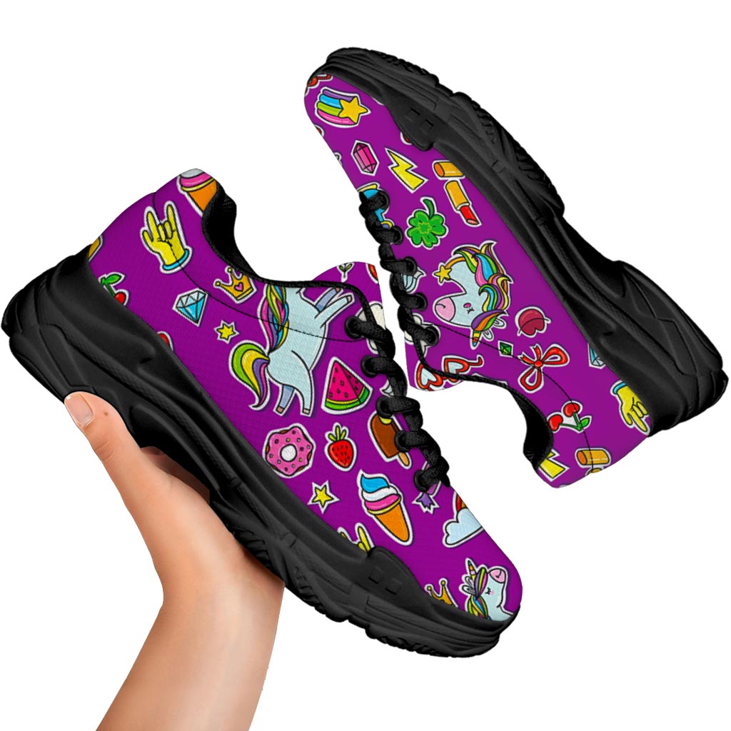 Purple Girly Unicorn Pattern Print Black Chunky Shoes