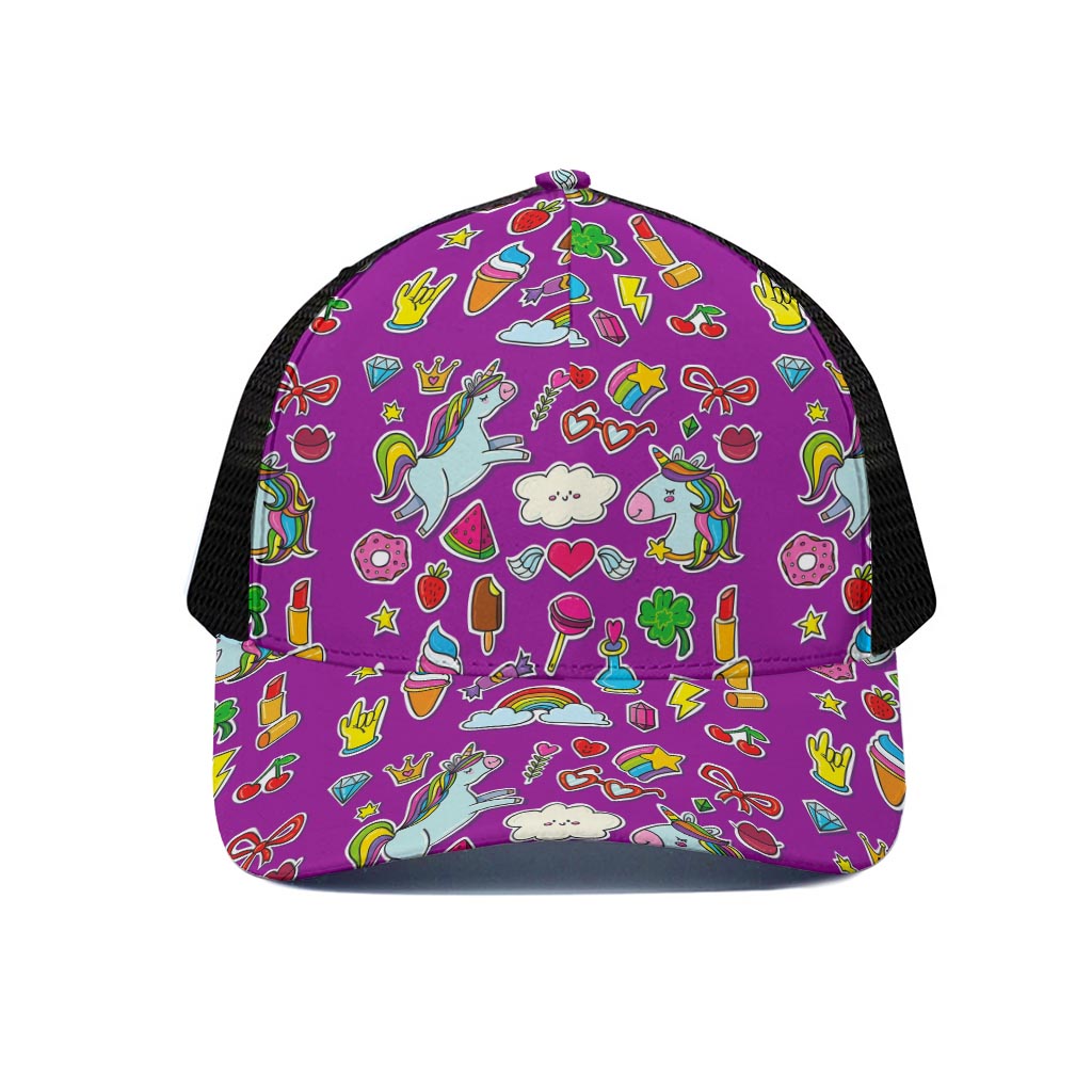Purple Girly Unicorn Pattern Print Black Mesh Trucker Cap