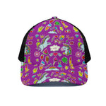 Purple Girly Unicorn Pattern Print Black Mesh Trucker Cap