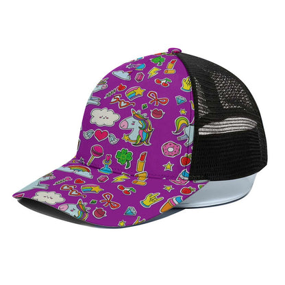 Purple Girly Unicorn Pattern Print Black Mesh Trucker Cap