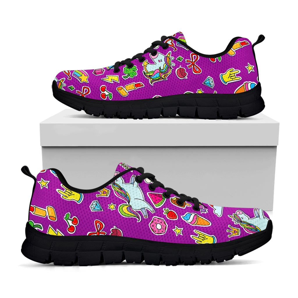 Purple Girly Unicorn Pattern Print Black Running Shoes