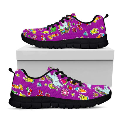 Purple Girly Unicorn Pattern Print Black Running Shoes