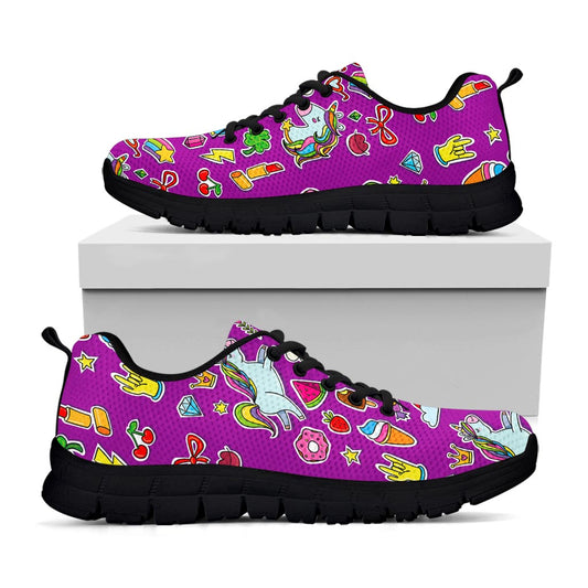 Purple Girly Unicorn Pattern Print Black Running Shoes