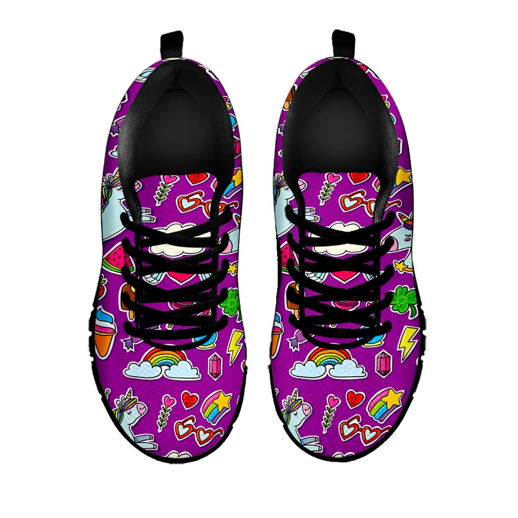 Purple Girly Unicorn Pattern Print Black Running Shoes
