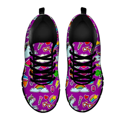 Purple Girly Unicorn Pattern Print Black Running Shoes