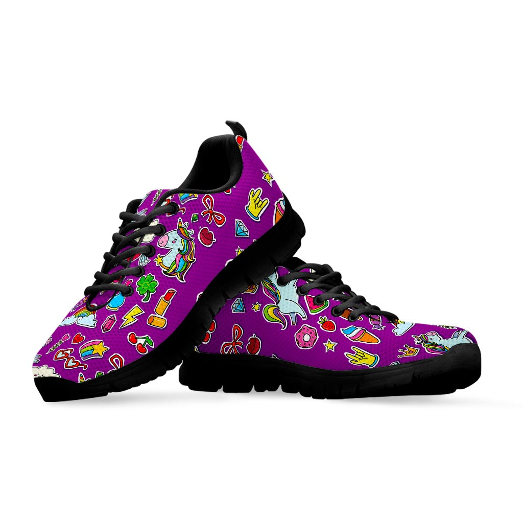 Purple Girly Unicorn Pattern Print Black Running Shoes