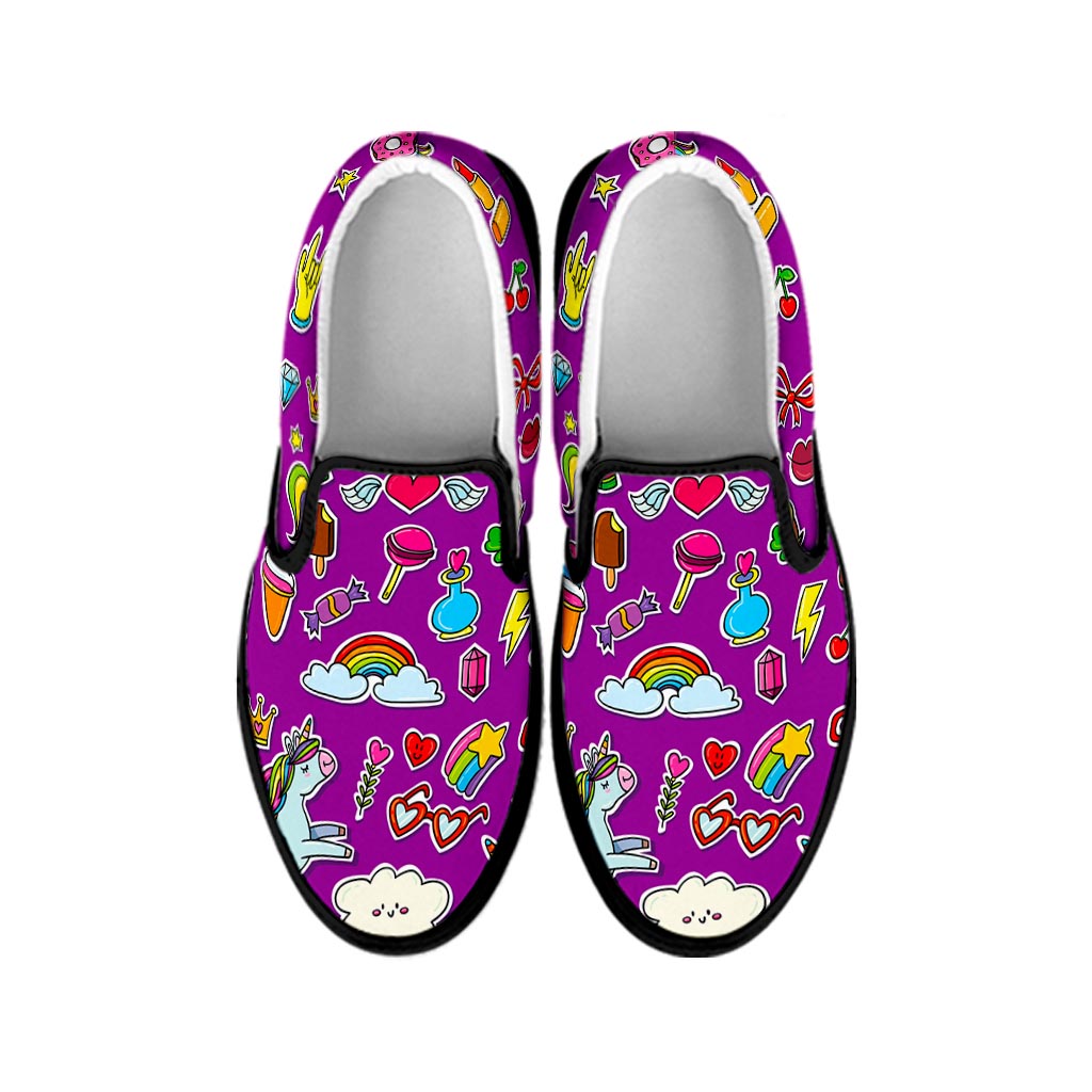 Purple Girly Unicorn Pattern Print Black Slip On Sneakers