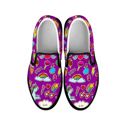 Purple Girly Unicorn Pattern Print Black Slip On Sneakers