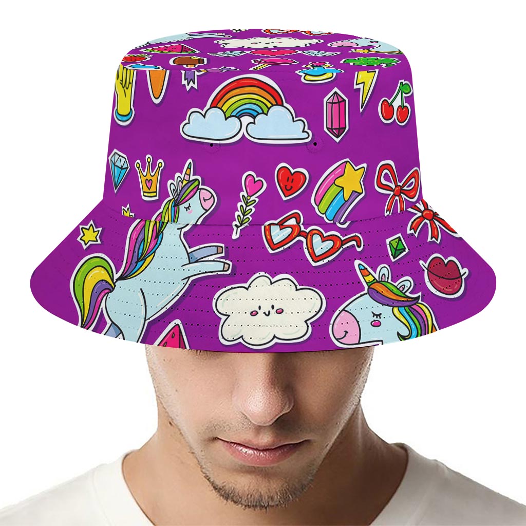 Purple Girly Unicorn Pattern Print Bucket Hat