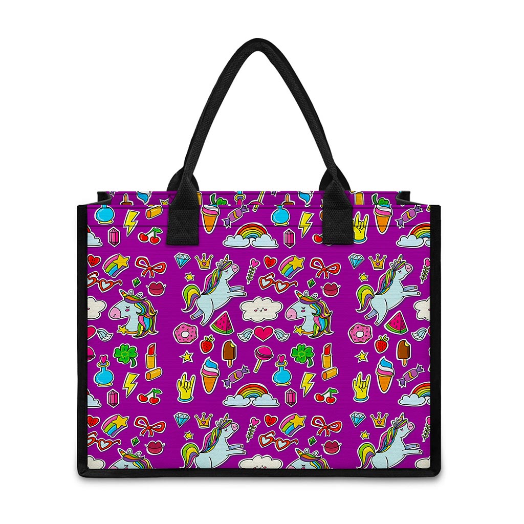 Purple Girly Unicorn Pattern Print Canvas Tote Bag
