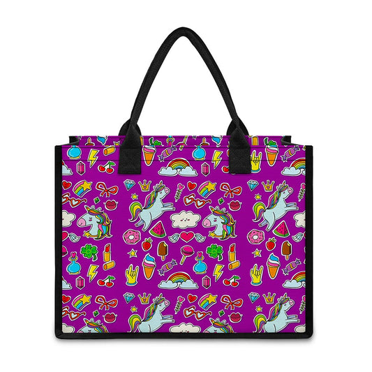 Purple Girly Unicorn Pattern Print Canvas Tote Bag