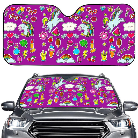 Purple Girly Unicorn Pattern Print Car Windshield Sun Shade