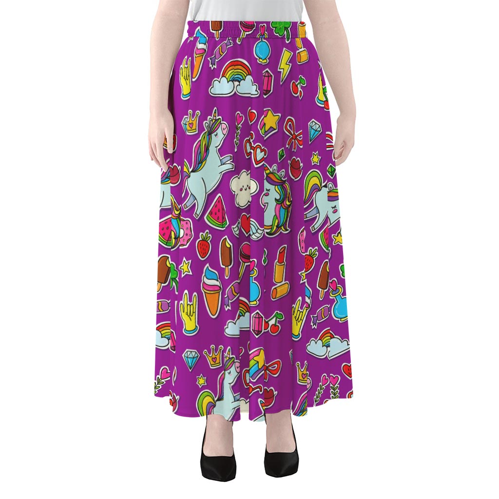 Purple Girly Unicorn Pattern Print Chiffon Maxi Skirt