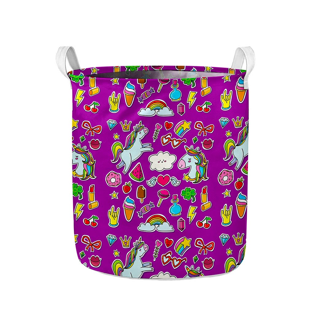 Purple Girly Unicorn Pattern Print Collapsible Laundry Basket
