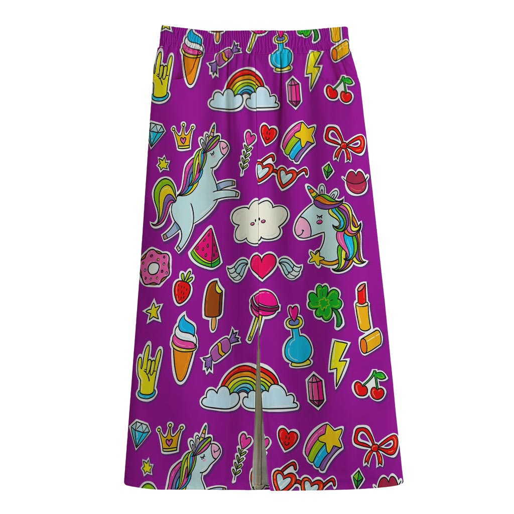 Purple Girly Unicorn Pattern Print Cotton Front Slit Maxi Skirt