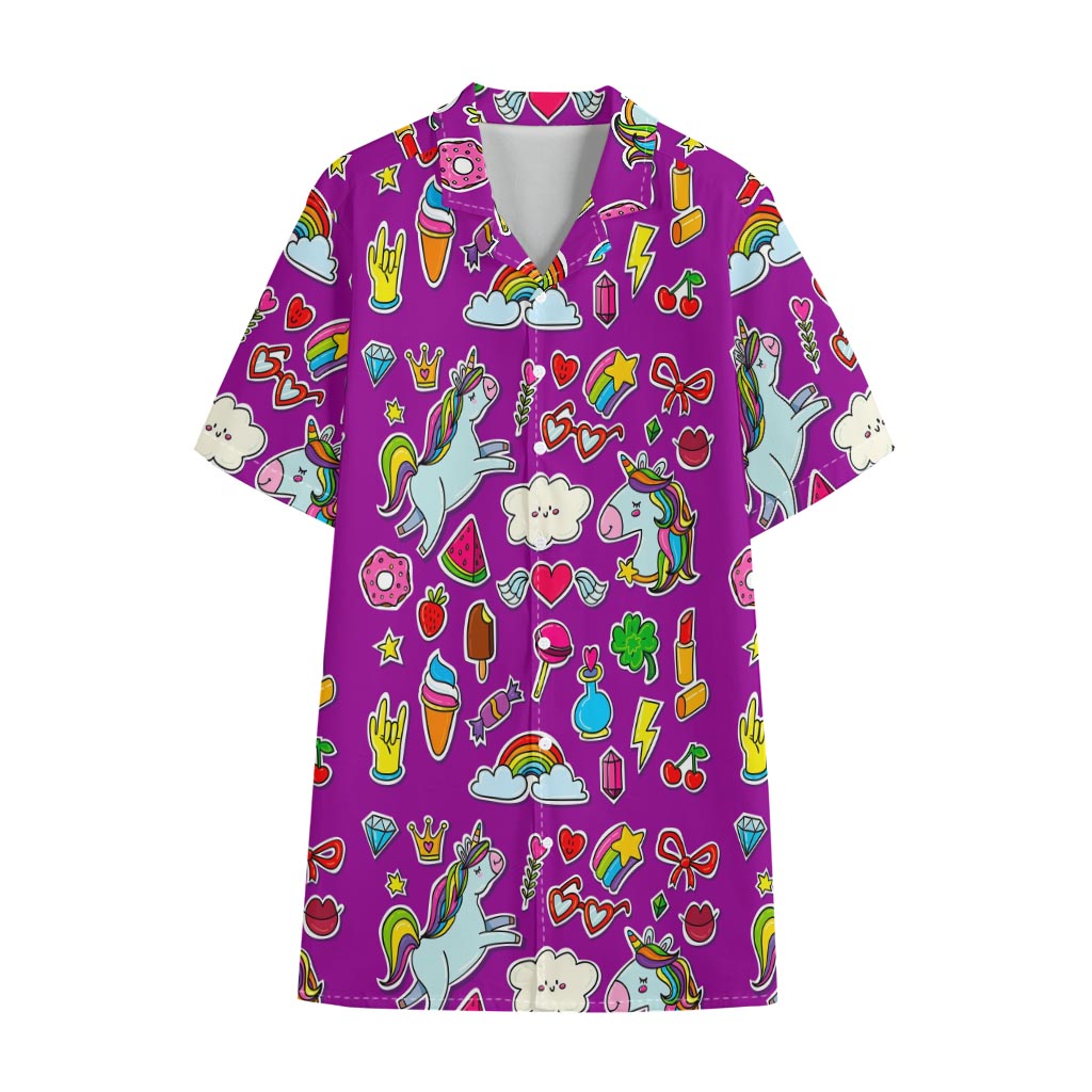 Purple Girly Unicorn Pattern Print Cotton Hawaiian Shirt