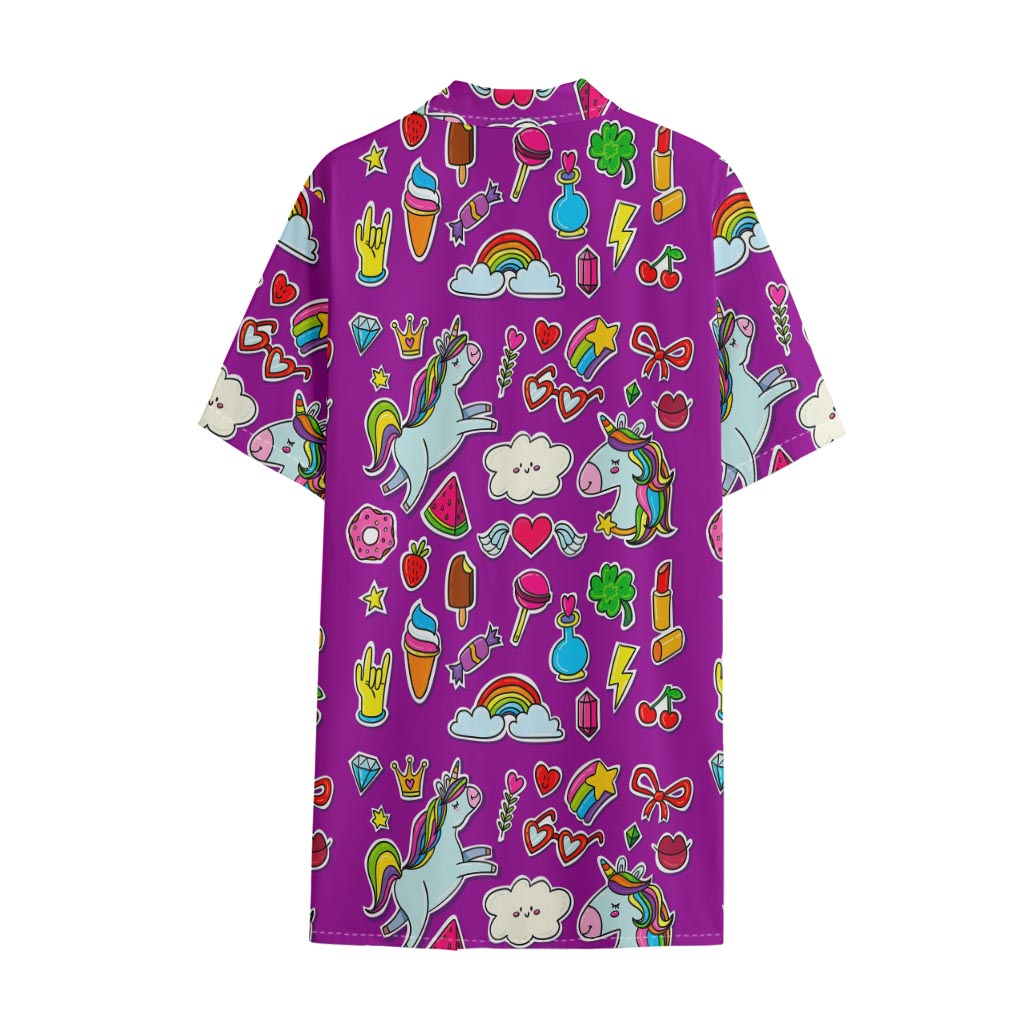 Purple Girly Unicorn Pattern Print Cotton Hawaiian Shirt