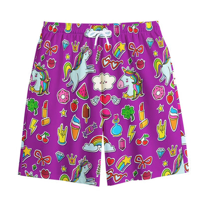 Purple Girly Unicorn Pattern Print Cotton Shorts