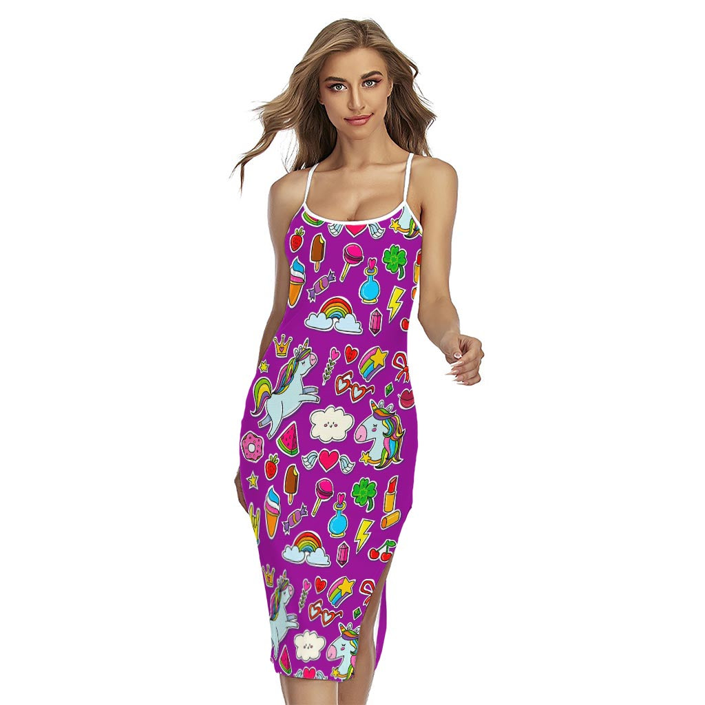 Purple Girly Unicorn Pattern Print Cross Back Cami Dress