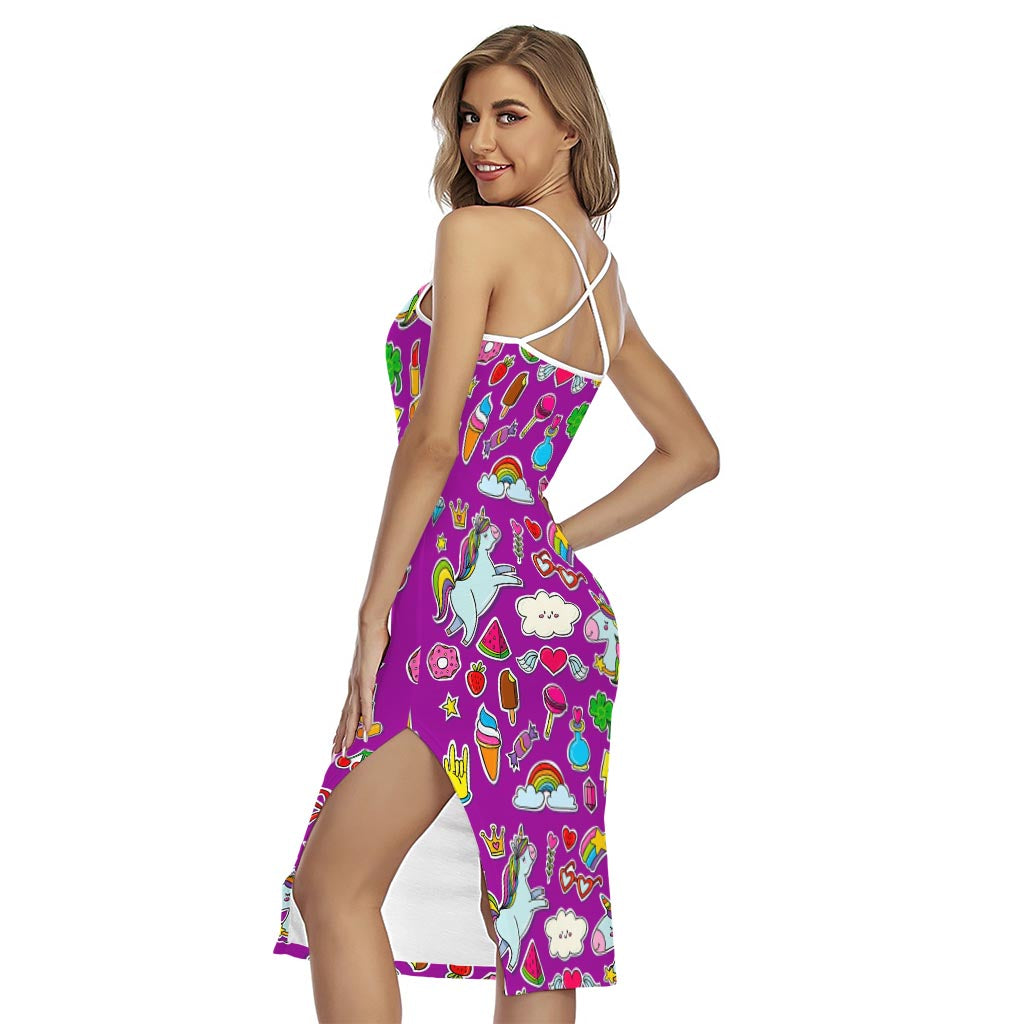 Purple Girly Unicorn Pattern Print Cross Back Cami Dress