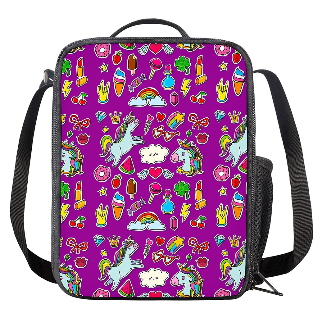 Purple Girly Unicorn Pattern Print Crossbody Lunch Bag