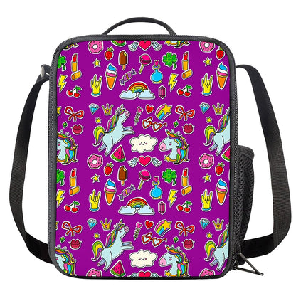 Purple Girly Unicorn Pattern Print Crossbody Lunch Bag