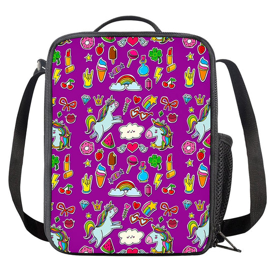 Purple Girly Unicorn Pattern Print Crossbody Lunch Bag