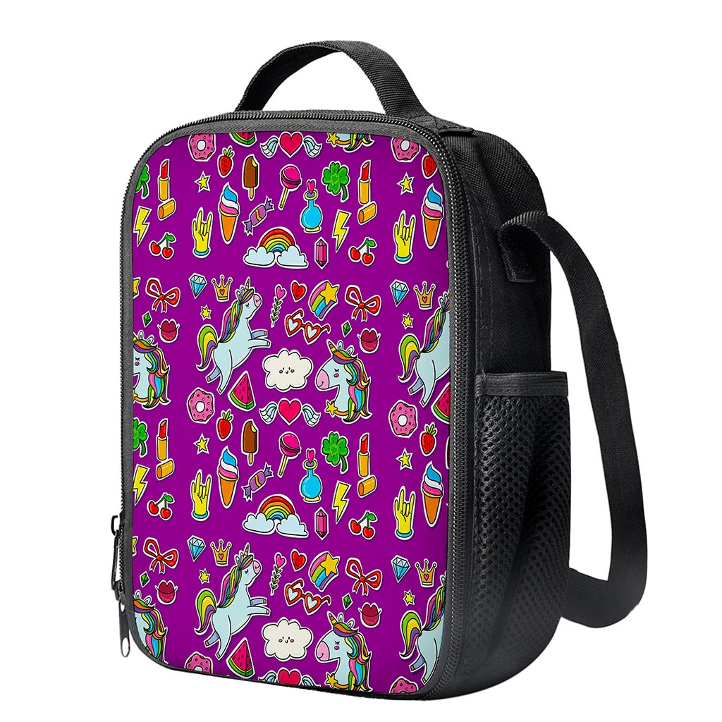 Purple Girly Unicorn Pattern Print Crossbody Lunch Bag