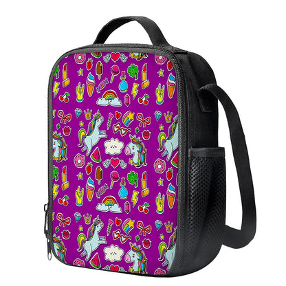 Purple Girly Unicorn Pattern Print Crossbody Lunch Bag