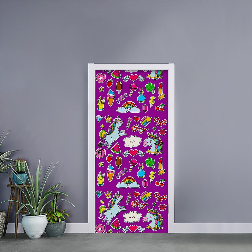 Purple Girly Unicorn Pattern Print Door Sticker