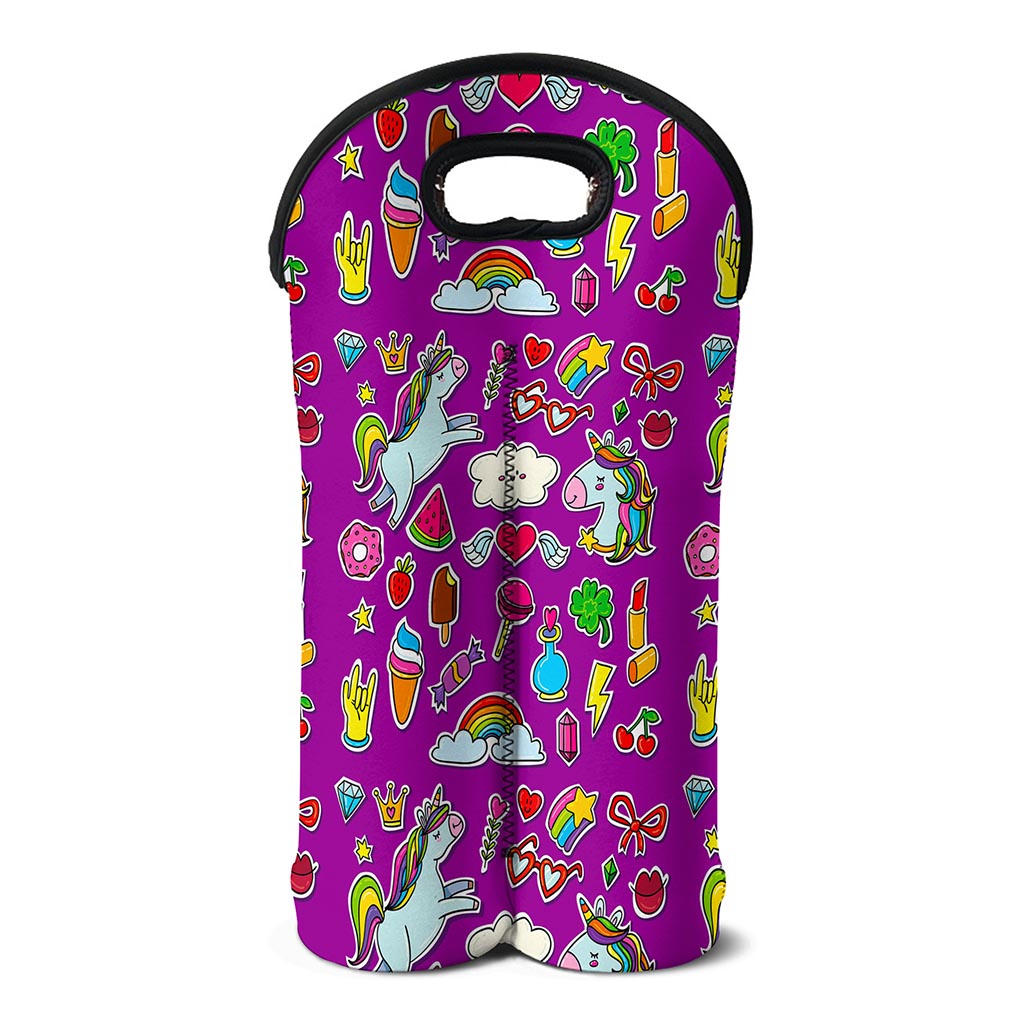 Purple Girly Unicorn Pattern Print Double Neoprene Wine Tote
