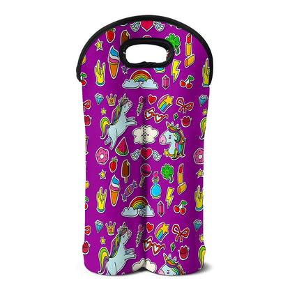 Purple Girly Unicorn Pattern Print Double Neoprene Wine Tote