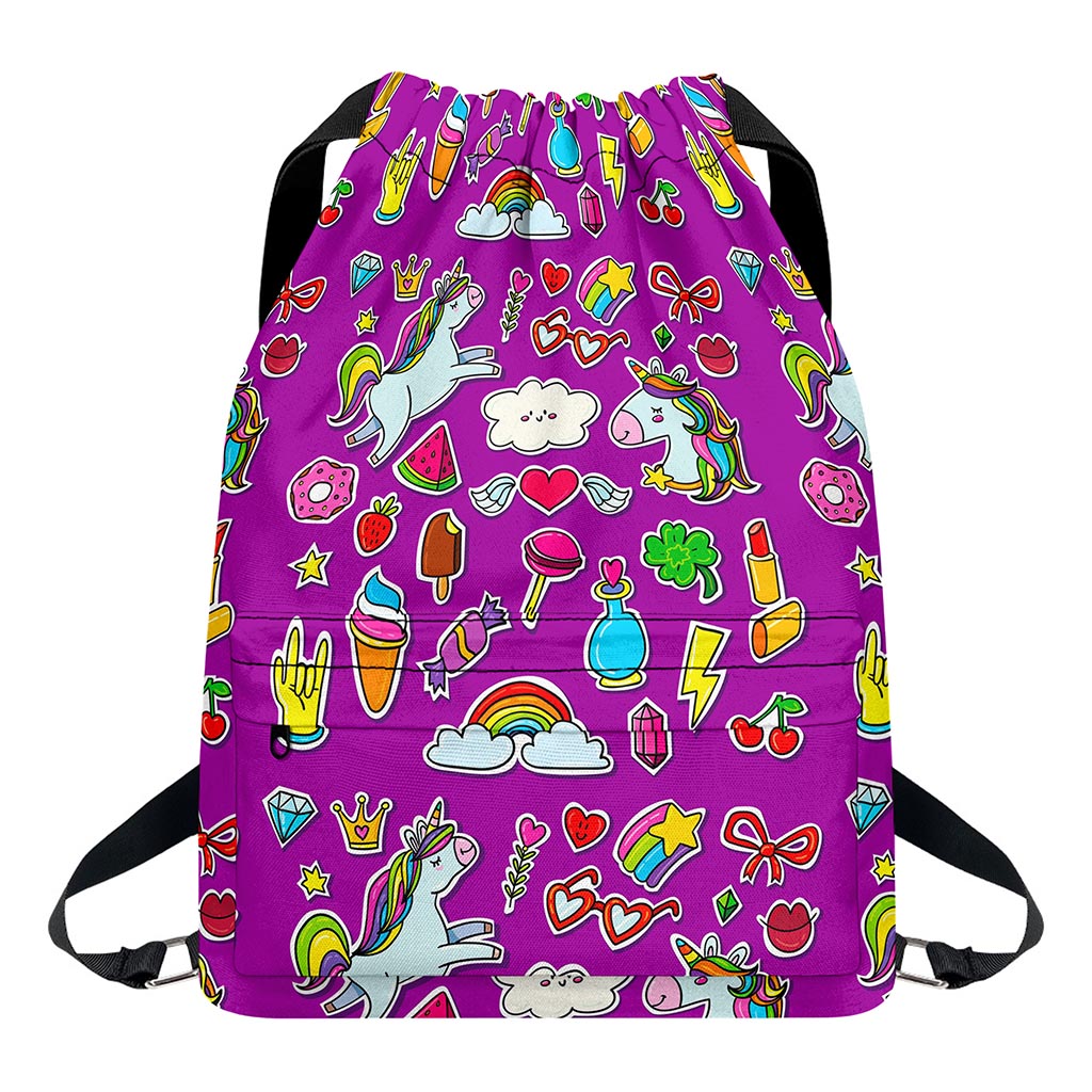 Purple Girly Unicorn Pattern Print Drawstring Backpack