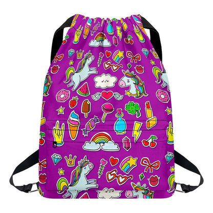 Purple Girly Unicorn Pattern Print Drawstring Backpack