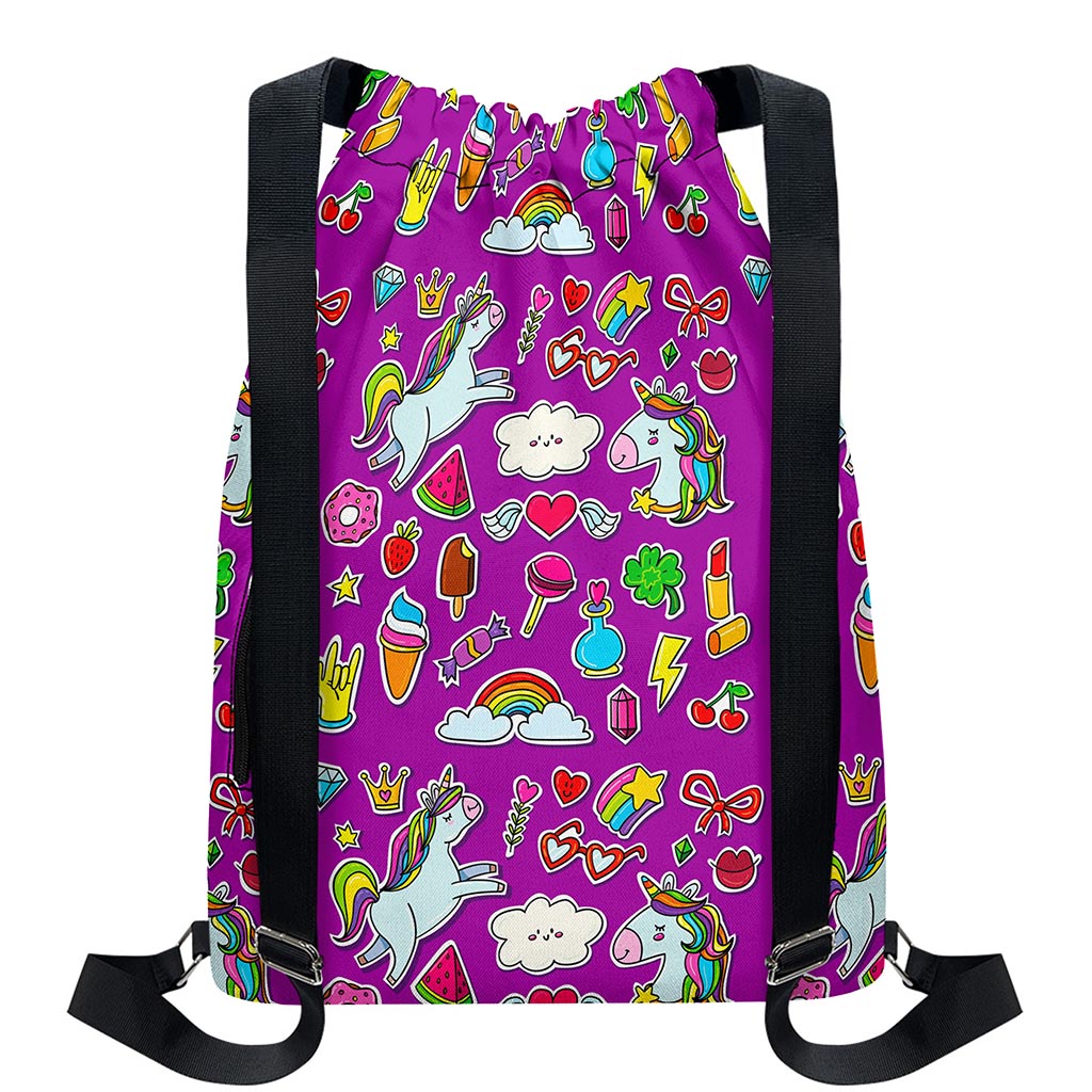 Purple Girly Unicorn Pattern Print Drawstring Backpack
