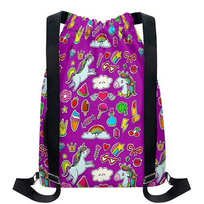 Purple Girly Unicorn Pattern Print Drawstring Backpack