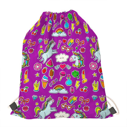 Purple Girly Unicorn Pattern Print Drawstring Bag