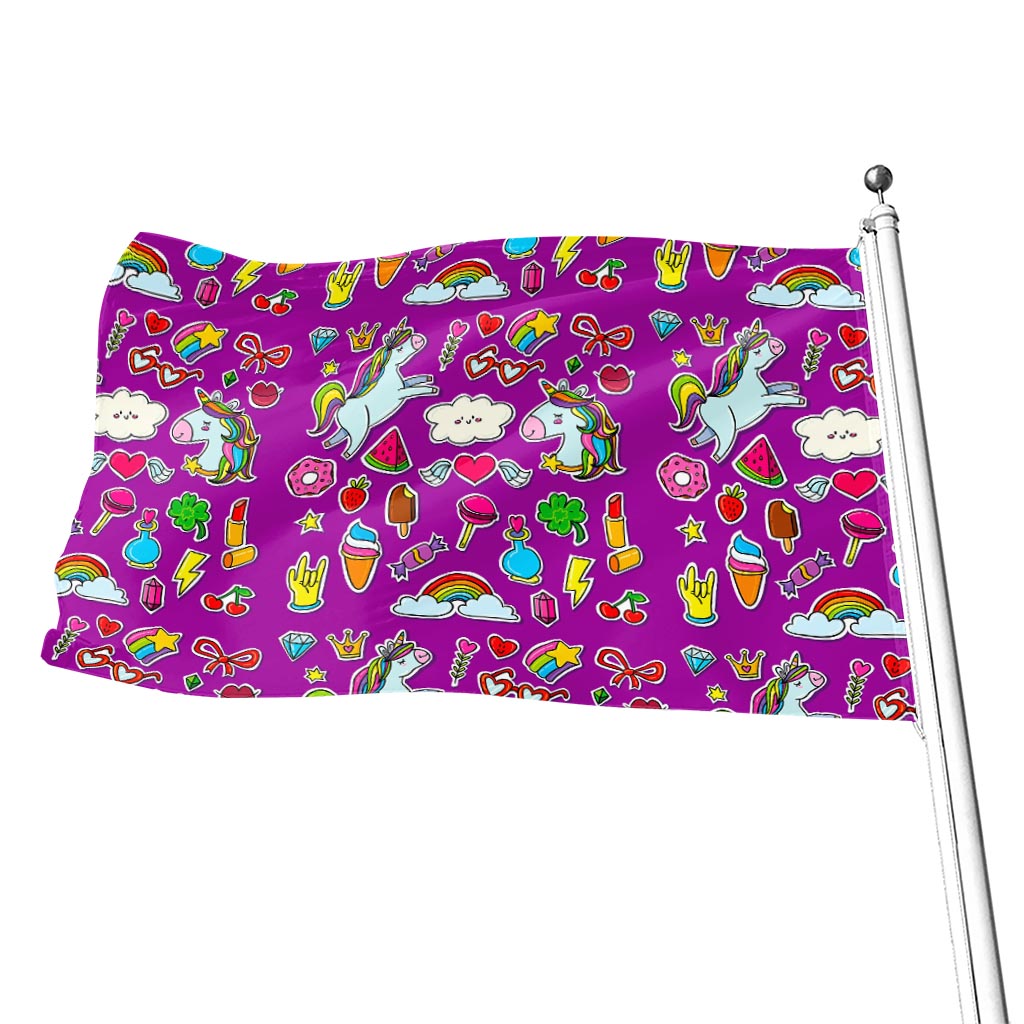 Purple Girly Unicorn Pattern Print Flag