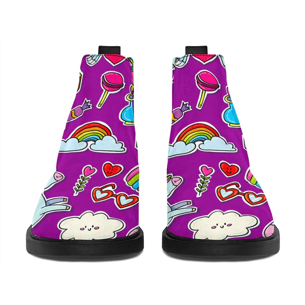 Purple Girly Unicorn Pattern Print Flat Ankle Boots