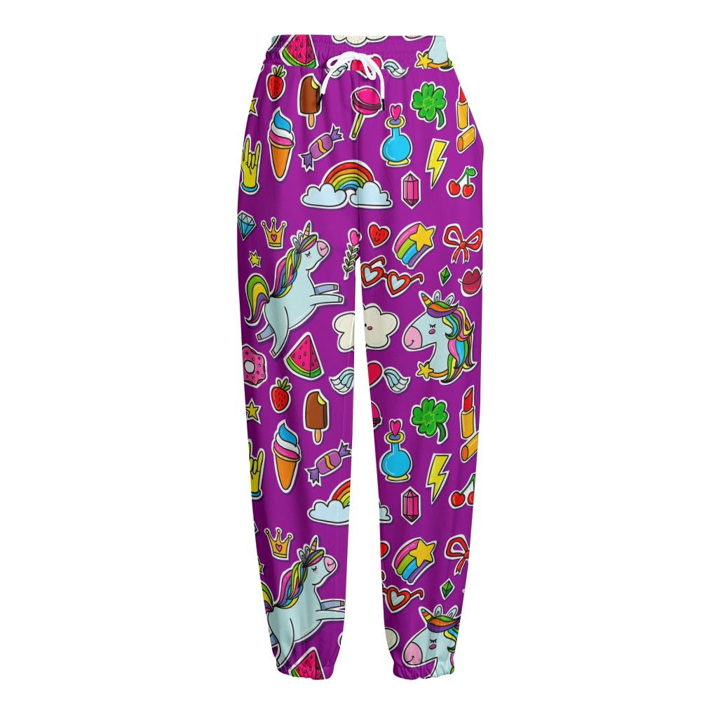 Purple Girly Unicorn Pattern Print Fleece Lined Knit Pants