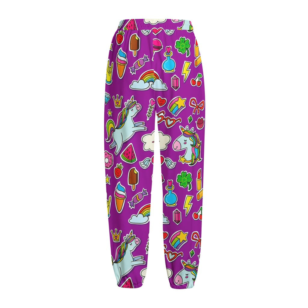 Purple Girly Unicorn Pattern Print Fleece Lined Knit Pants