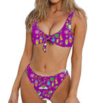 Purple Girly Unicorn Pattern Print Front Bow Tie Bikini