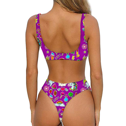 Purple Girly Unicorn Pattern Print Front Bow Tie Bikini