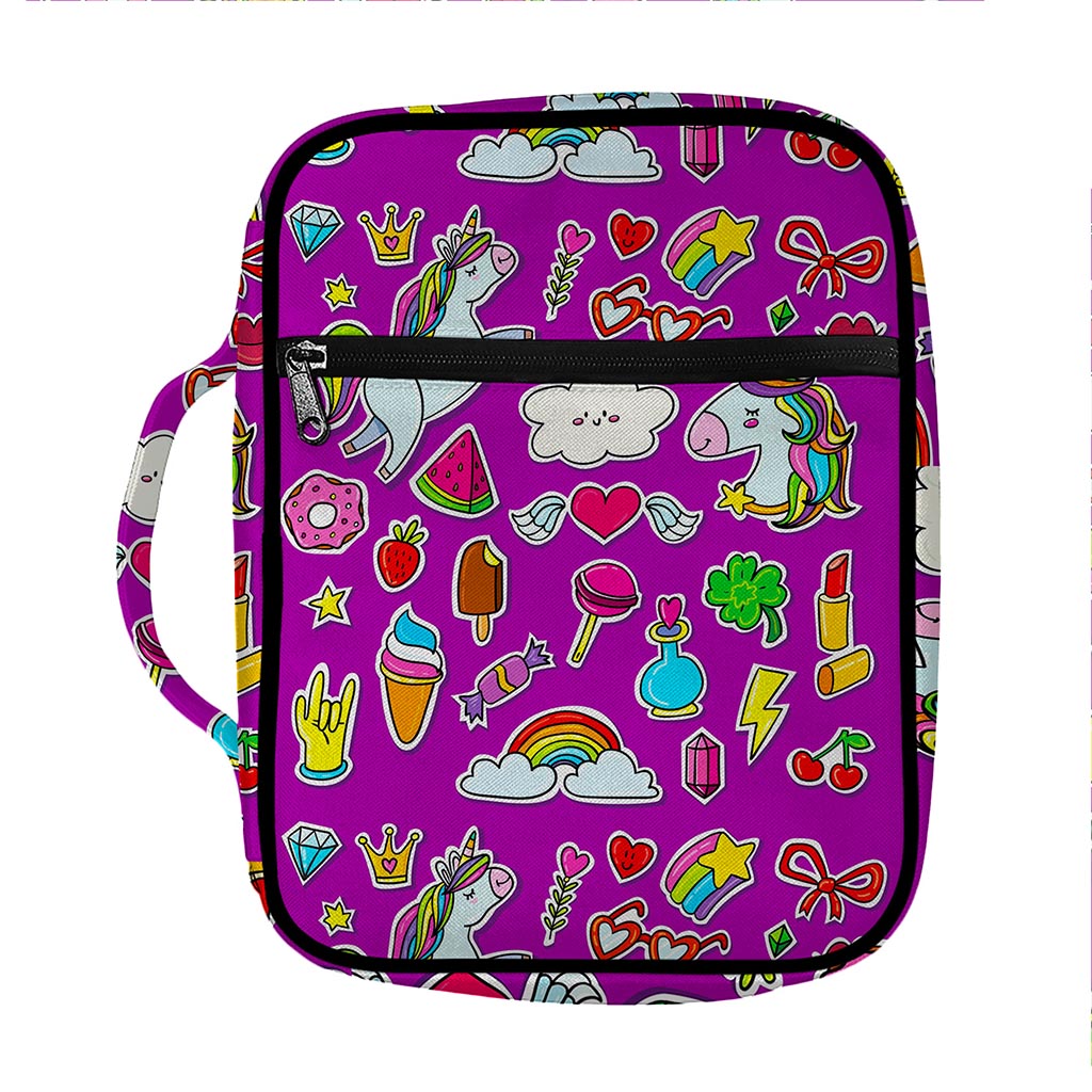 Purple Girly Unicorn Pattern Print Front Pocket Bible Bag