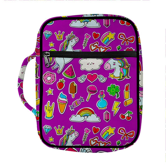 Purple Girly Unicorn Pattern Print Front Pocket Bible Bag